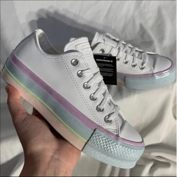 Converse CTAS Lift Ox Platform Shoes Pastel Glitter Rainbow White Womans New - Picture 1 of 6